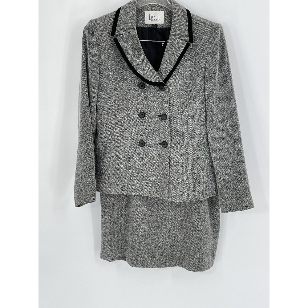 Le Suit Petite Womens 8P Skirt Suit 2 PC Black and Gray Tweed Double Breasted